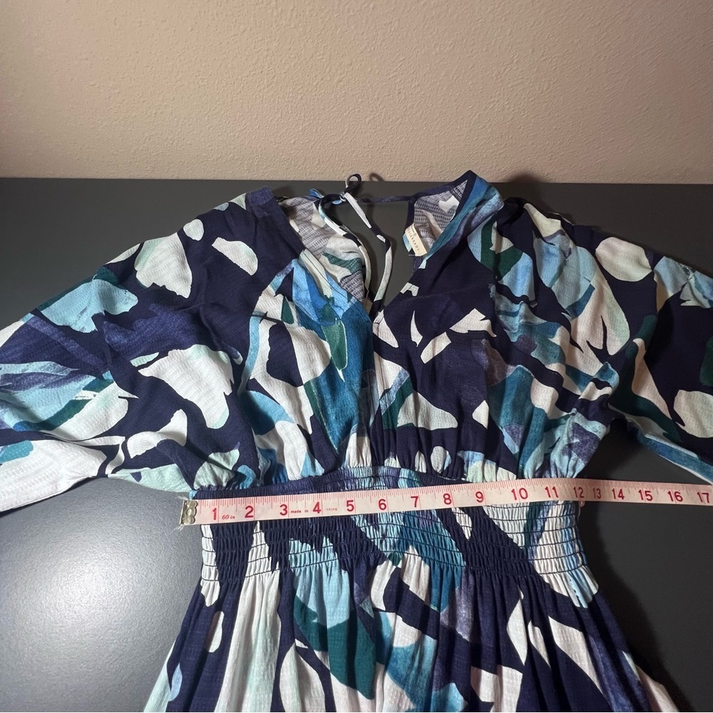 Love Stitch Tropical Floral Mini Dress Blue Smocked Waist Size Small - Picture 7 of 11